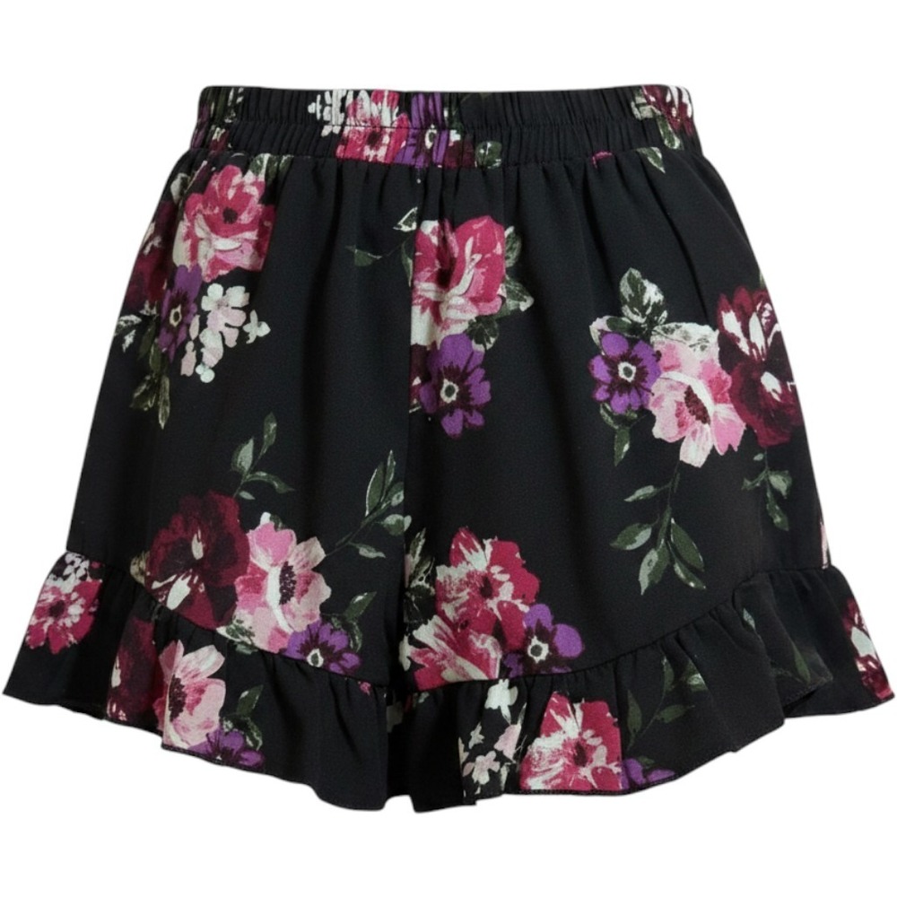 Living Doll Los Angeles Floral Ruffle Shorts Small Black Pink Purple‎ Boho Flowy